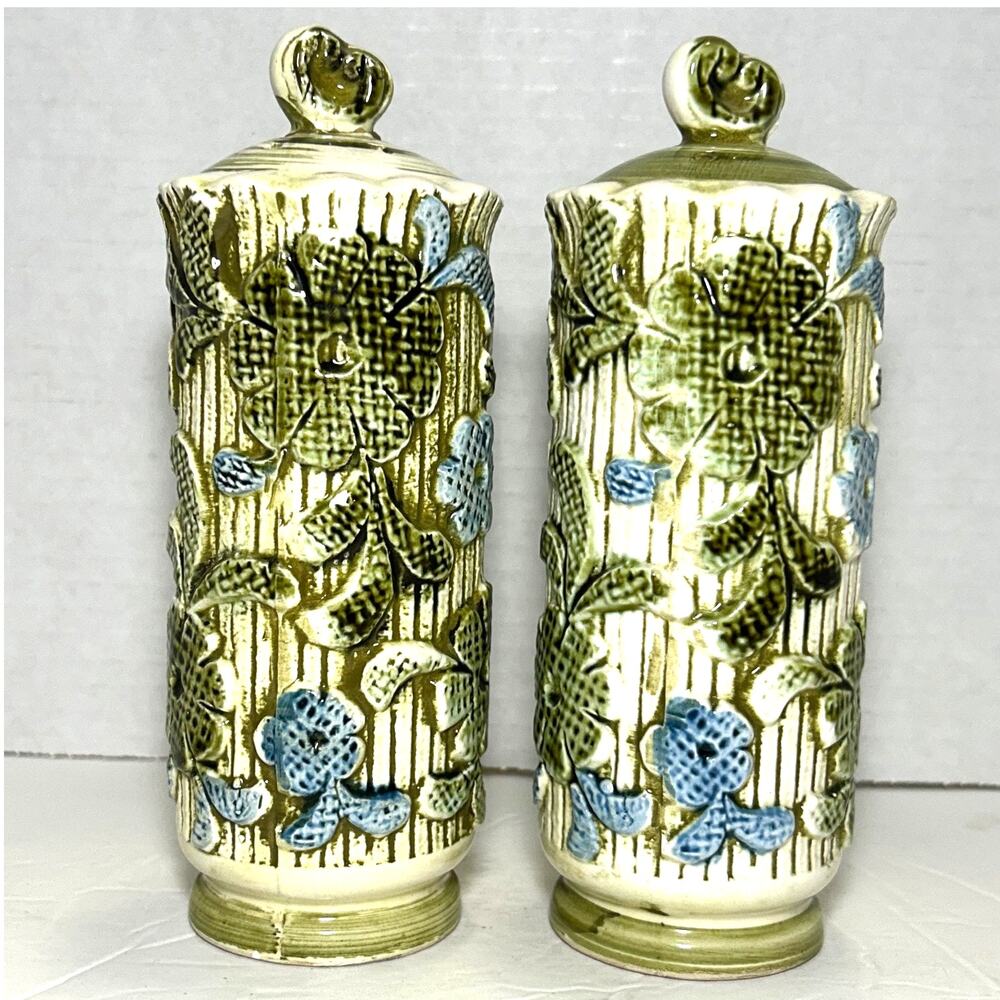 Vintage MCM Green/Blue Floral Inarco Salt‎ and Pepper Shakers